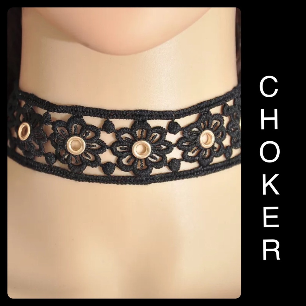 Black Lace Gold Grommet Choker Collar Goth Punk